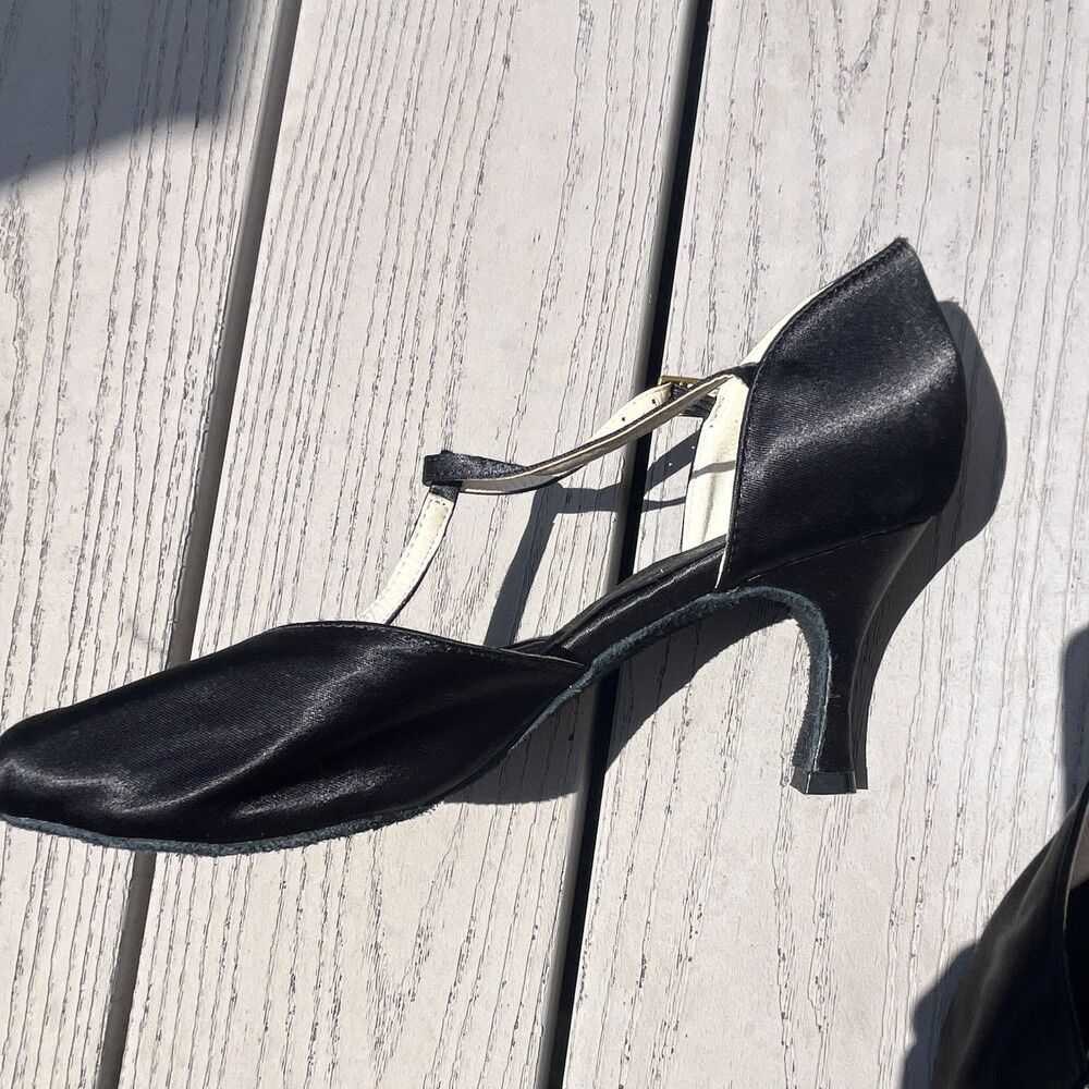Jiajia Women’s Black Satin Ballroom Dance Shoes T-Strap Rhinestone Heels Size 10